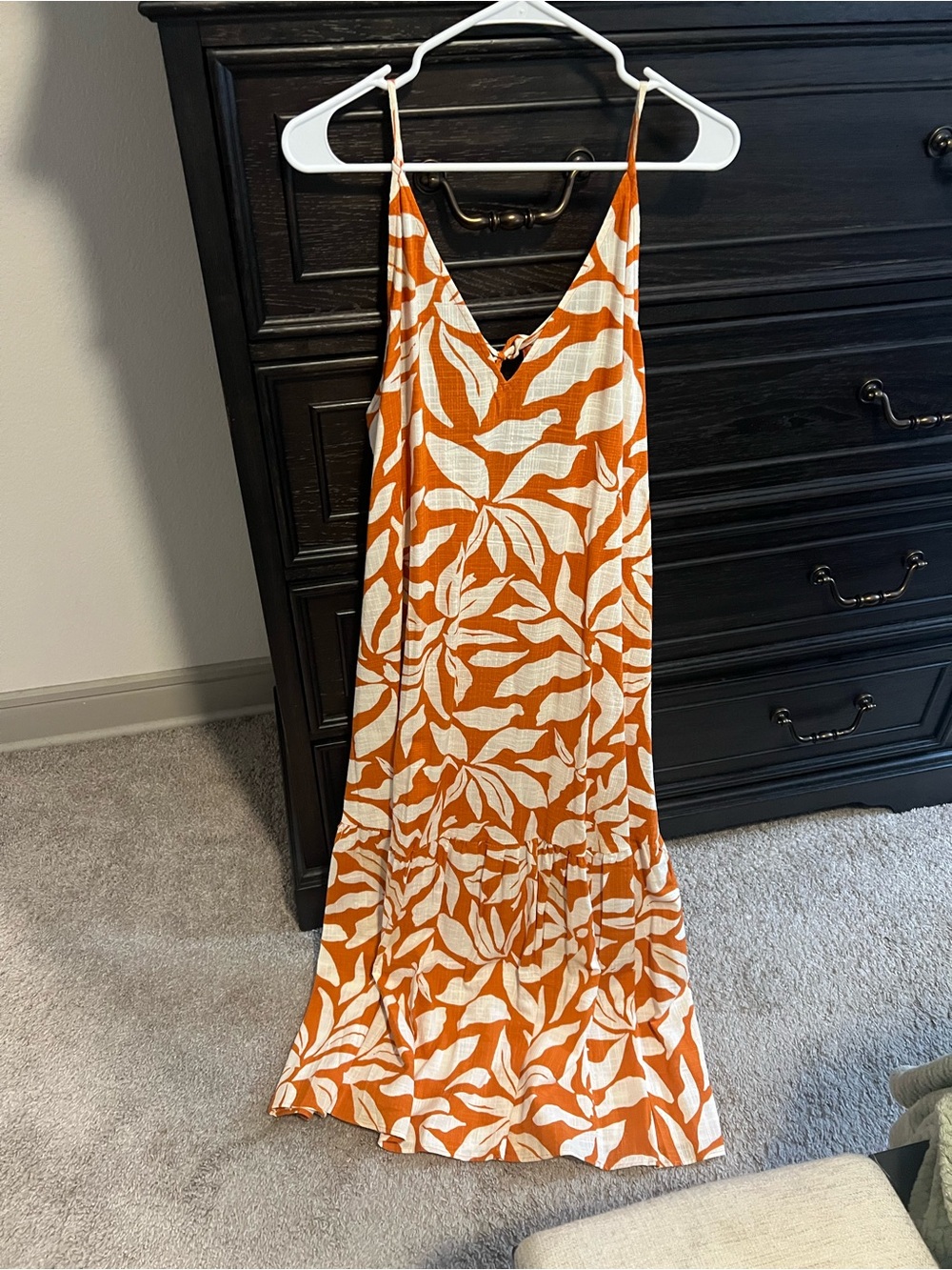 H&M Spaghetti Strap Orange and White Leaf Print Maxi Dress NWOT